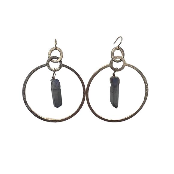 Gold-Tone Round Quartz Stone Hoop Earrings - Picture 8 of 10